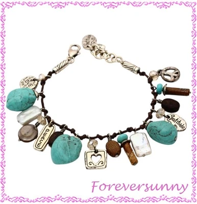 Brighton Imagine Turquoise Wood Charm Gratitude Heart Peace Love Bracelet - Image 1 of 4