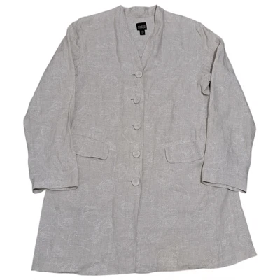 Eileen Fisher Linen Natural Floral Embroid Contemporary Lightweight Long Blazer - Image 1 of 4
