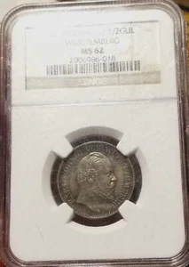 World Silver Coin 1870 German States WURTTEMBERG 1/2 GULDEN GERMANY BU. NGC MS62 - Picture 1 of 2