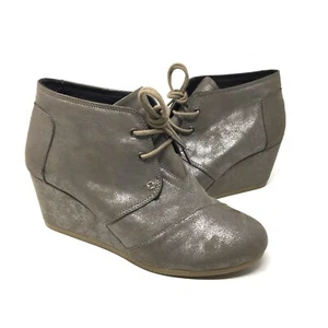 Toms Ankle Booties Women's Size 8.5 Desert Gunmetal Metallic Lace-Up Wedge Comfy - Picture 1 of 7