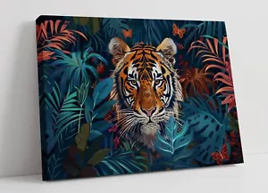 FOLK ART OF TIGER IN A JUNGLE 2 -PREMIUM DEEP FRAMED CANVAS WALL ART PRINT - Picture 1 of 3