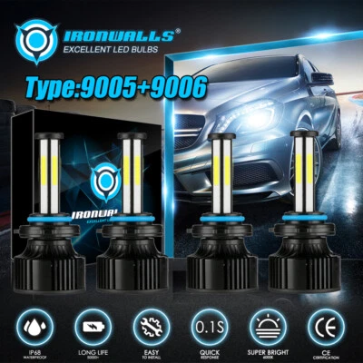 IRONWALLS 6 Sides 9005 9006 LED Headlight Bulbs High Low Beam Kit 6500K Xenon Super White
