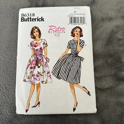 Butterick B6318 Retro '61 Dress Sewing Pattern Size 14-22 Fit Flare Belted Uncut - Image 1 of 4