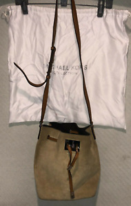 Michael Kors Miranda Light Brown Leather Suede Drawstring Crossbody Bucket Bag