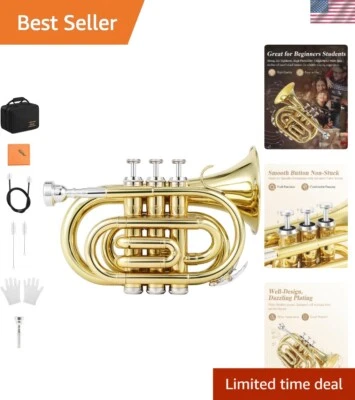 Lightweight Gold Brass Pocket Trumpet with 7C Mouthpiece & Full Maintenance Kit - Image 1 of 4