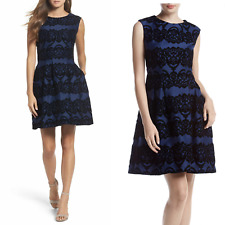 Gabby Skye Damask Velvet Fit and Flare Blue/Black Women's Dress Size 6