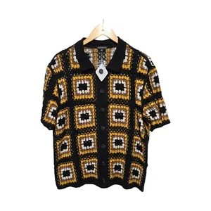MORSECODE Crochet Sweater Shirt Men's Black Yellow Tan Sunfower SMALL - Picture 1 of 5