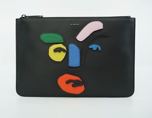 Fendi Men's Picasso Face Motif Calf Leather Pouch,Black/Multi-Color, MSRP $1,050