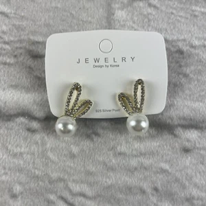 Faux Pearl Rhinestone Rabbit Ear Earrings Wedding .925 Silver Post - Picture 1 of 1