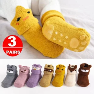 3Pairs Anti-slip Slippers Toddler Floor Socks Baby Girls Boys Winter Fuzzy Shoes - Picture 1 of 27