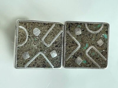 GEMELOS CON INCRUSTACIONES TURQUESA PLATA ESTERLINA 925 DE DISEÑO MÉXICO EN MUY BUEN ESTADO Foto 1 de 4