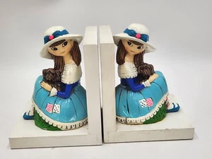 Vintage 1960's Earl Bernard Bookends Girl w/Blue Patched Dress Holding Dog Kitch - Picture 1 of 23