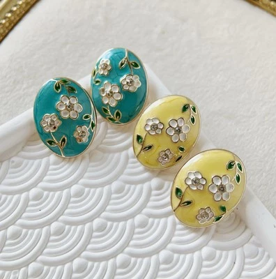 5pcs 18x13mm Shiny gold yellow blue glazed flower oval  clothing shank button - Image 1 of 4