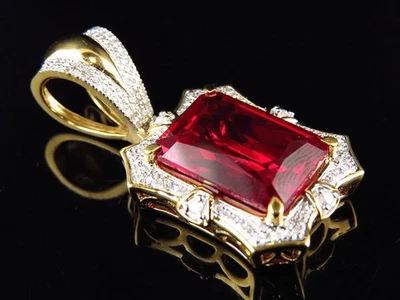4Ct Emerald Cut Lab-Created Red Ruby men's Pendant 14K Yellow Gold Plated - Image 1 of 4