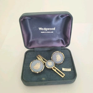Wedgewood Jasperwear Krawattennadel Clip Manschettenknöpfe Set gold blau Ton Schiff England Box - Bild 1 von 17