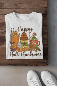 Happy HalloThanksMas Shirt Herbst Halloween Thanksgiving Weihnachten Kaffeebecher A124 - Bild 1 von 6
