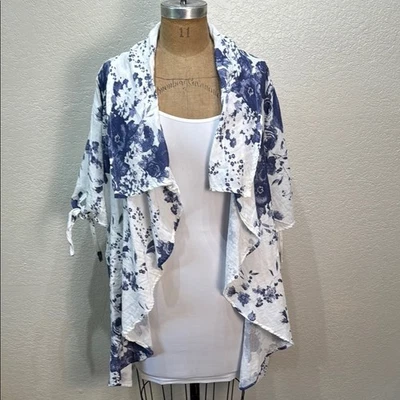 Cárdigan de encaje de papel para mujer XL floral azul blanco kimono frente abierto manga atada nuevo con etiquetas Foto 1 de 4