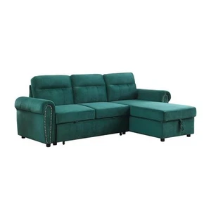 Ashton Green Velvet Fabric Reversible Sleeper Sectional Sofa Chaise - Picture 1 of 13