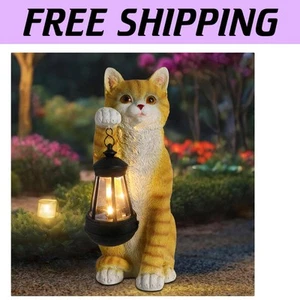 Weatherproof Tabby Cat Statue with Lantern - Illuminates Your Garden at Night - Picture 1 of 10