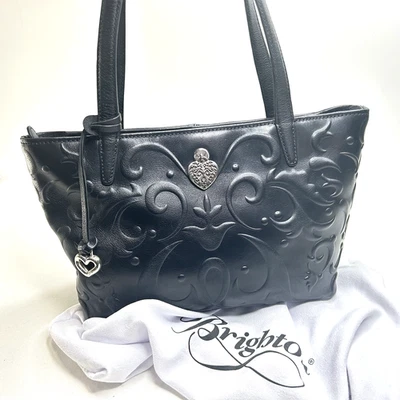 BRIGHTON Lucia Cordoba Black Leather Fleur de Lis Embossed Shoulder Bag Tote - Image 1 of 4