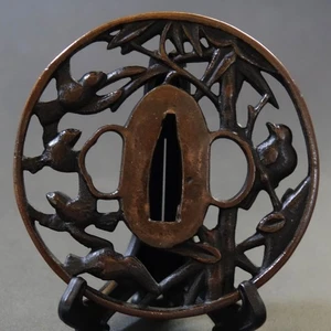 Gorrión de bambú molido bronce Tsuba antigüedades período Edo de Japón - Imagen 1 de 4