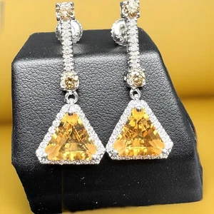 14K White Gold Natural 3.20CT Citrine Champagne White Diamond Earrings Stud NEW - Picture 1 of 24