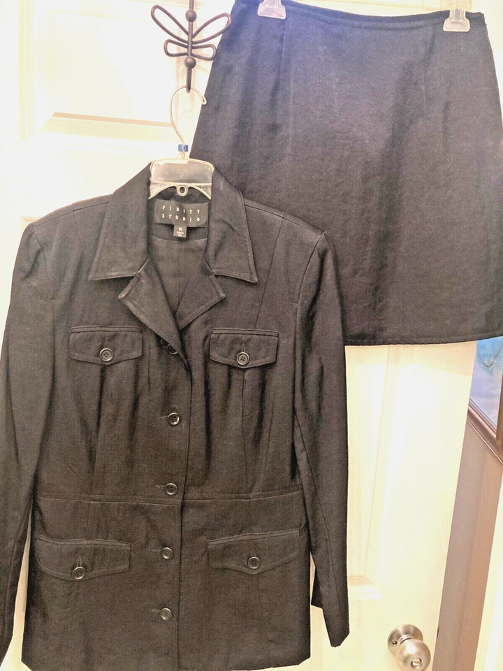 Conjunto de traje mini falda vintage Finity de 2 piezas negro estilo safari blazer de carrera talla 10 Foto 1 de 4