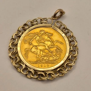 1912 Gold Full Sovereign King George V London Mint 22ct-9ct Pendant - Picture 1 of 8
