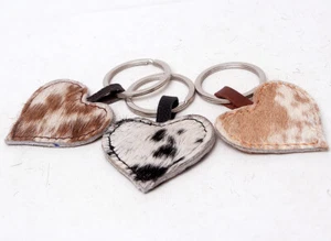 Set of 3 Keyrings 100% Natural Cow hide Heart Shaped Leather Hair On Keychain 76 - Picture 1 of 2