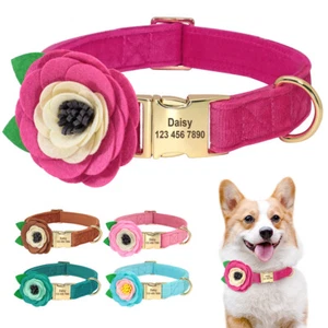 Flower Custom Plush Dog Collar Personalised Pet Puppy ID Name Number Engraved - Picture 1 of 17
