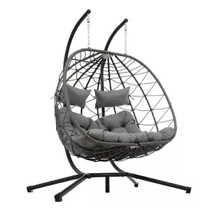 2 Person Rattan Egg Hanging Chair Patio Outdoor Indoor Wicker Swing with Stand - Picture 1 of 89