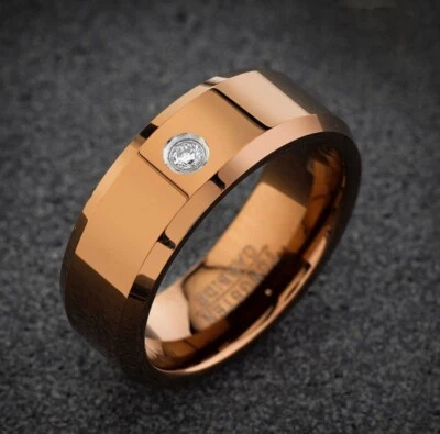 Rose Gold Tungsten Mens Wedding Ring Beveled Edge Single Stone Mens Ring In Rose - Image 1 of 2