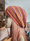 Hand crocheted Slouchy beanie Hat Copper, Gold Purple Sparkle Striped