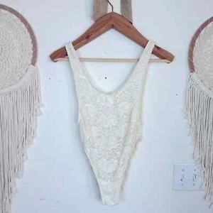 Hot as hell HAH cream stretchy lace high thigh low back bodysuit medium - Picture 1 of 5