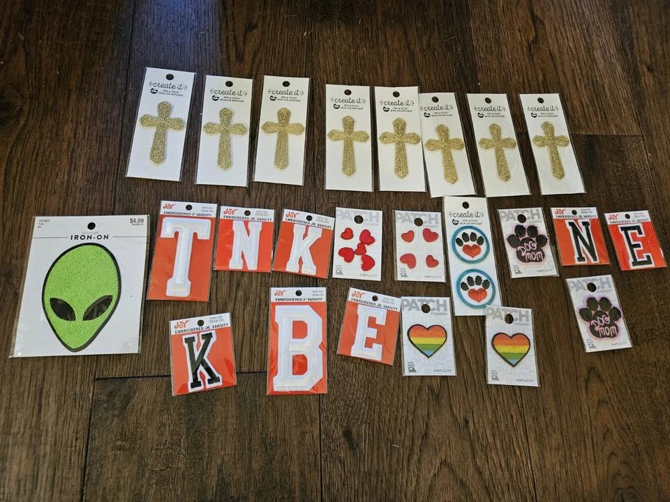 Iron On Patches Gold Cross, Letters Hearts,  Alien Embroidered New Sealed  - Image 1 of 4