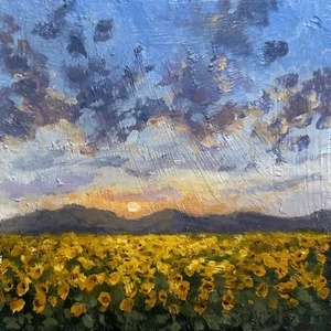 Original Ölgemälde Sonnenuntergang Gemälde Berge Landschaft Sonnenblumen Kunst 6x6" - Bild 1 von 2