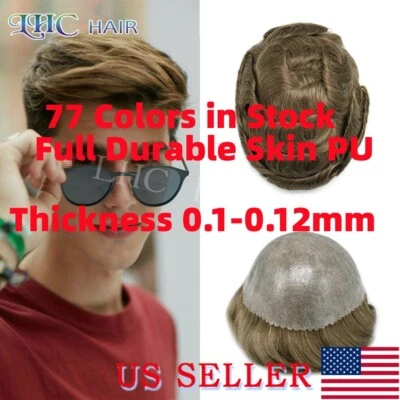 Full PU Mens Toupee Durable Thin Skin Human Hair Replacement System Wigs Units - Image 1 of 4
