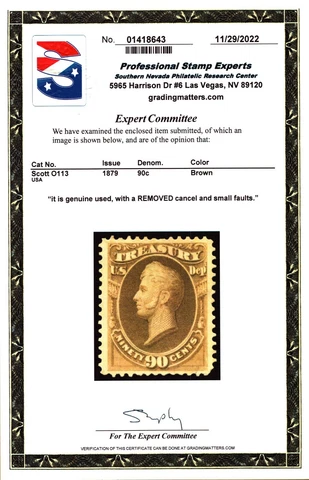 US Scott #O113 90c Official Treasury Stamp. VF Centered. Used. PSE Cert. CV $750 Cover