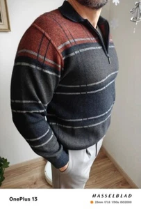 Jim Spencer Pullover gestreift grau Schurwollmischung Quater Zip Gr. L Opa - Bild 1 von 7