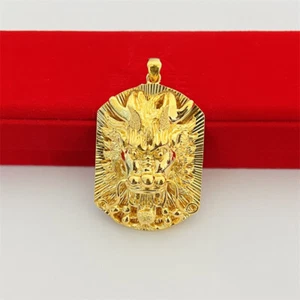  Schmuck 24K Gelbgold Drachenkopf Anhänger für Herren Halskette  - Bild 1 von 5