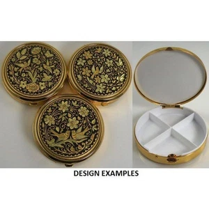 Damascene Gold Dove & Flower Design Round Pill Box by Midas of Toledo Spain 8531 - Picture 1 of 5