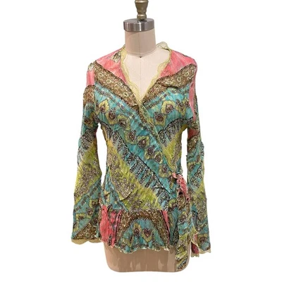Alberto Makali Blouse Womens Large Multicolor Crinkle Pleated Lace Boho Sheer - image 1 of 4