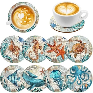 UPINS 8 Pezzi Sottobicchieri in Legno per Bevande,Decoro Costiera Tema Mare Spiaggia Tro... - Foto 1 di 7