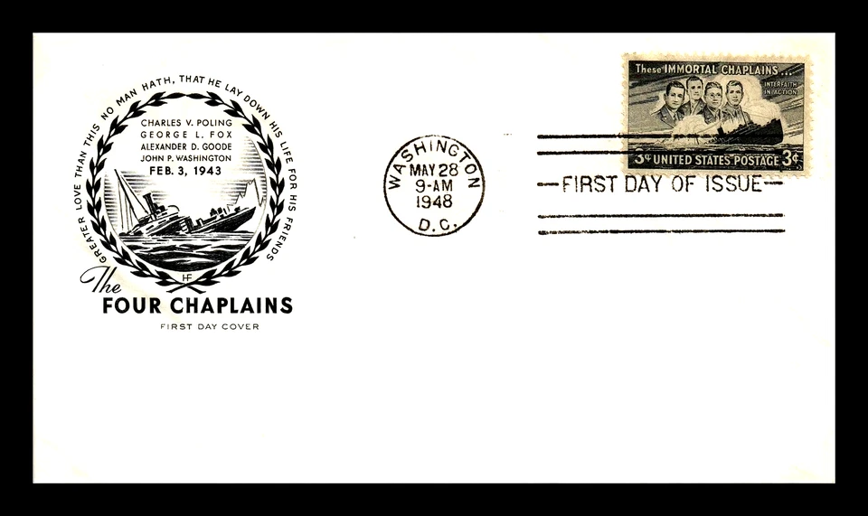 956 3c Stamps (BLOCK) (1948) HEROIC WWII FOUR CHAPLAINS FDC - HOUSE OF FARNAM - Image 1 of 1