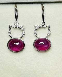 925 Sterling Silver Lab Created Red Star Ruby Hello Kitty Dangle Hook Earrings - Picture 1 of 11