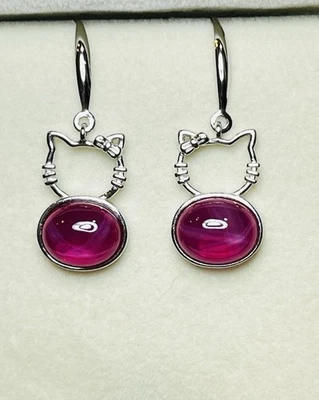 925 Sterling Silver Lab Created Red Star Ruby Hello Kitty Dangle Hook Earrings - Image 1 of 4