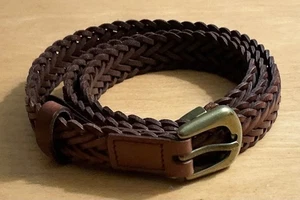 B-low the Belt Women S/M Woven Leather Belt Brown w brass buckle and tip - Picture 1 of 6