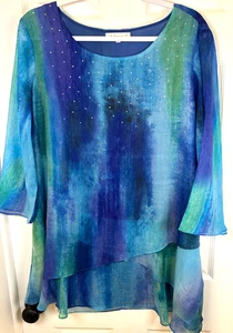 Indigo Soul Chiffon Bluse XL Tulpe Lagenlook Saum ombre blau grün Verzierung Top - Bild 1 von 9