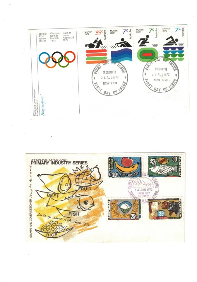 AUSTRALIAN FDC'S, PRIMARY INDUSTRY & MUNIC OLYMPICS, FREE P&H - image 1 of 1