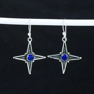 925 Sterling Silver Blue Tanzanite Gemstone Handmade Jewelry Earring Size-1.5" - Picture 1 of 5